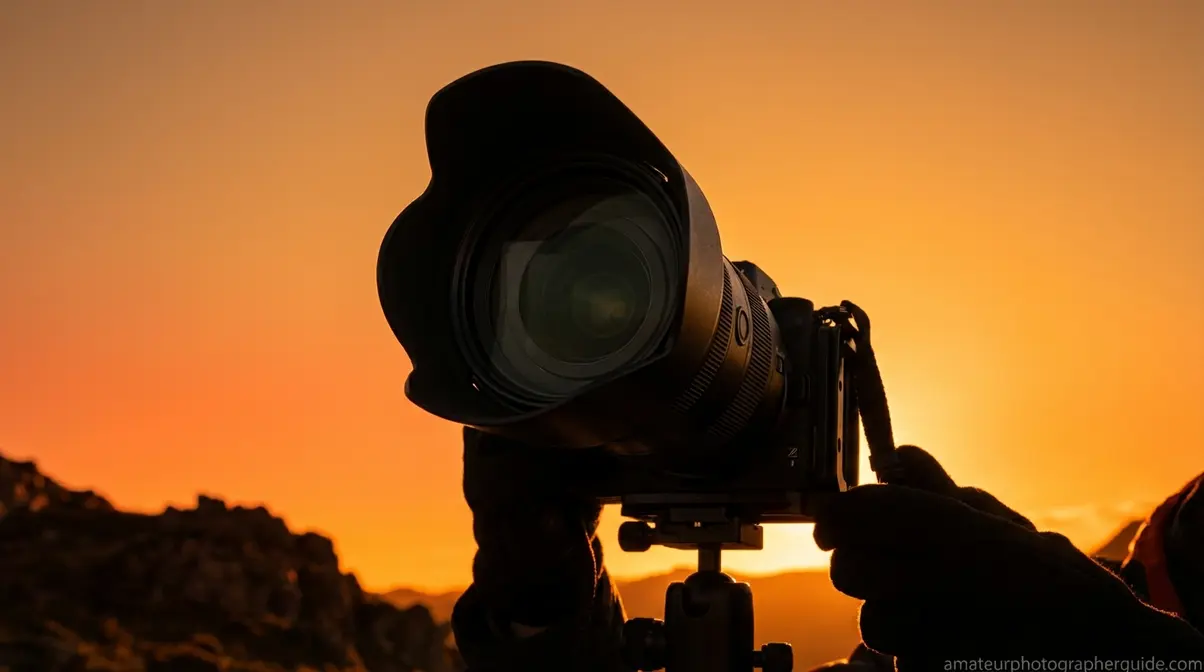 Camera lens with petal hood blocking off-axis stray light from sun positioned outside the frame