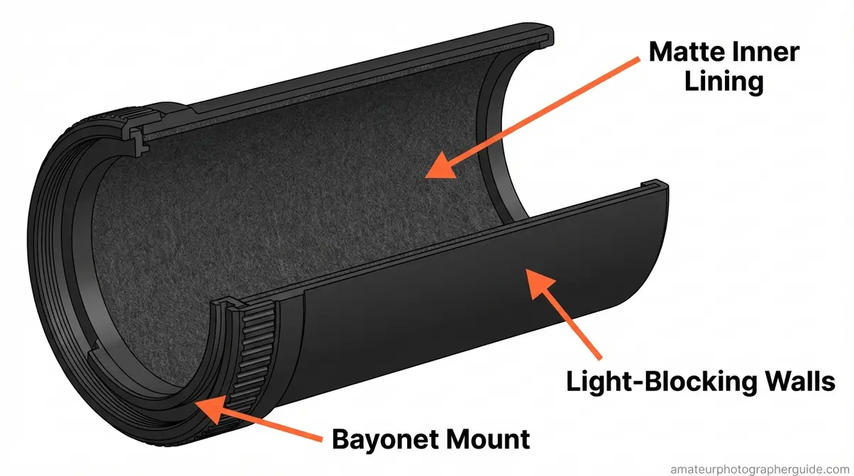 Diagram labeling bayonet mount, felt lining, and light-blocking walls of a camera lens hood