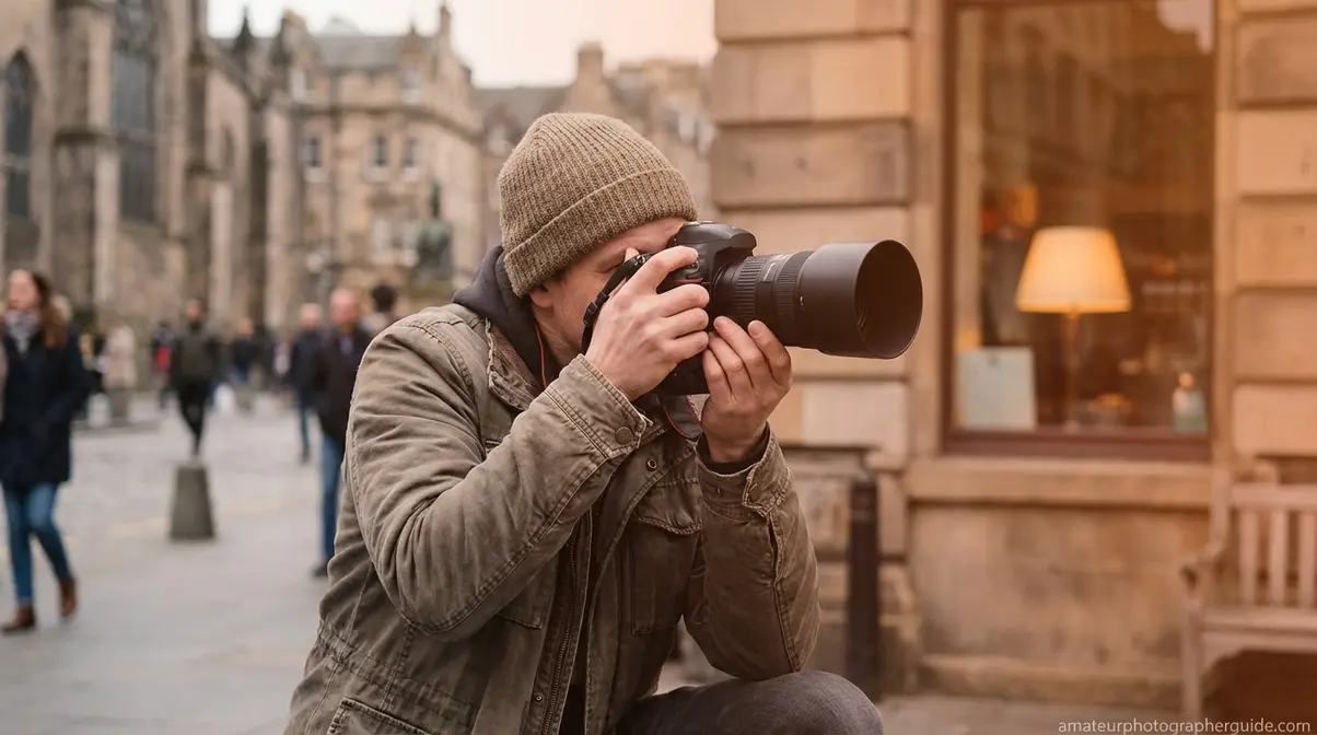 Photographer using camera with lens hood attached outdoors in bright overcast light conditions