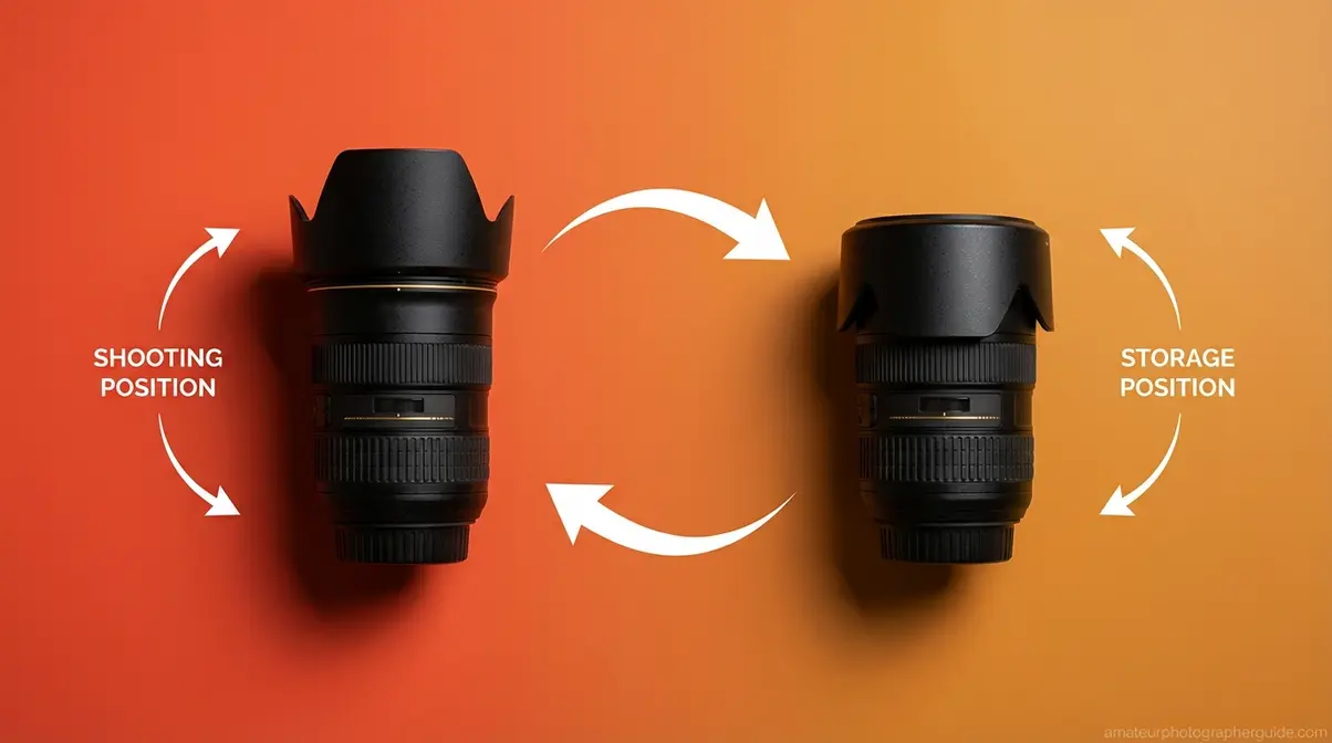 Camera lens with hood shown in forward shooting position and reverse-mounted storage position side by side