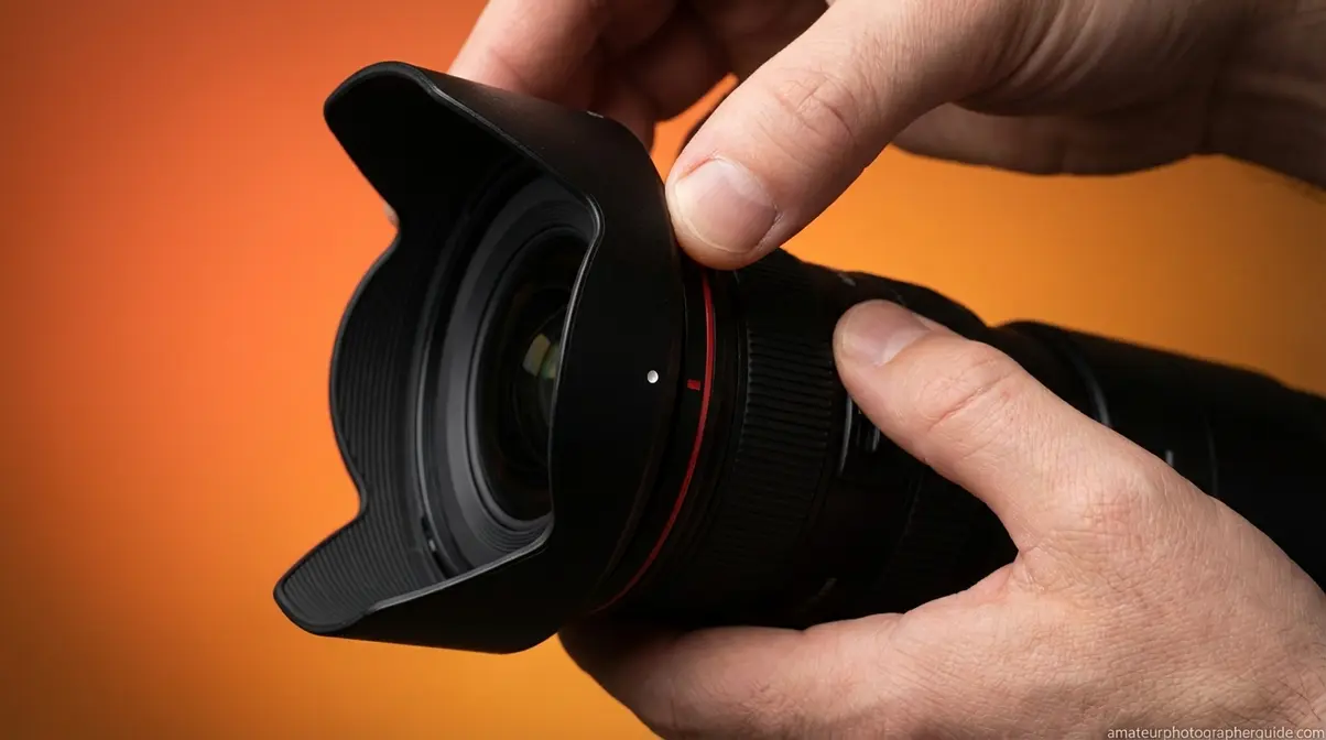 Petal lens hood being aligned with white dot marker on wide-angle camera lens bayonet mount