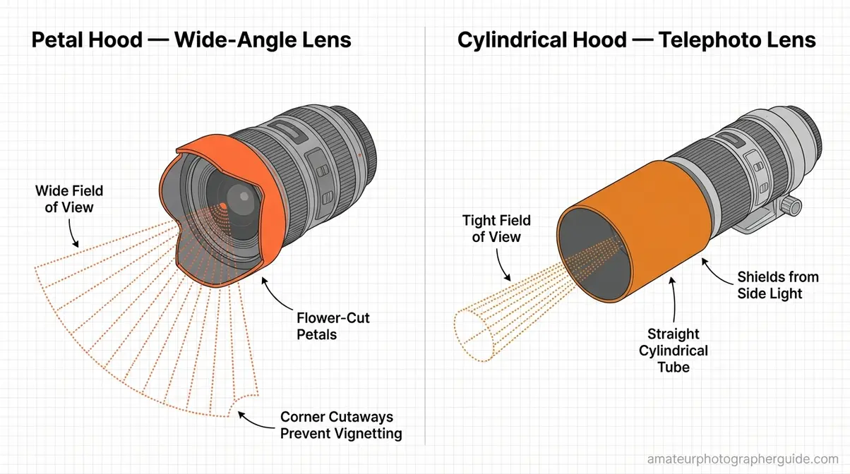 Side-by-side diagram comparing petal lens hood on wide-angle camera and cylindrical hood on telephoto camera