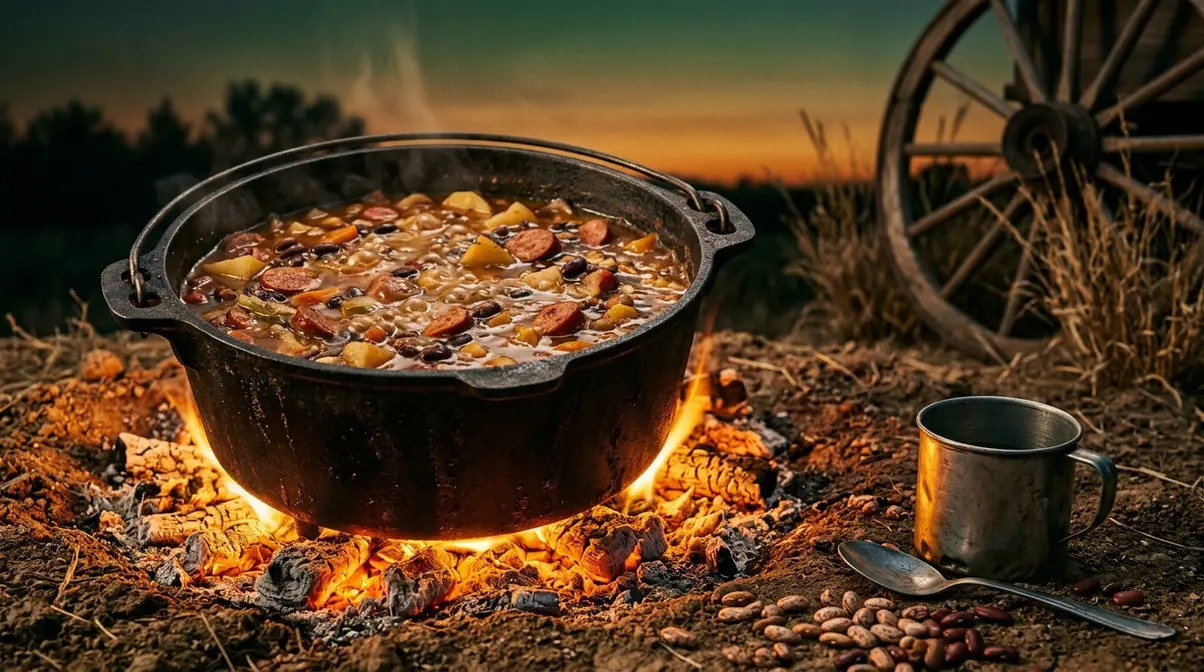 Rustic cast-iron Dutch oven with cowboy stew over campfire embers evoking Depression-era budget one-dish meal cooking