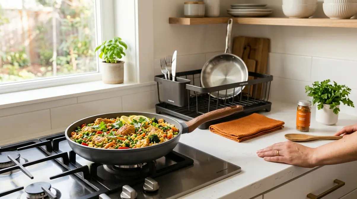 Clean modern kitchen with a single skillet one-dish meal on the stovetop showing minimal cleanup and cooking ease