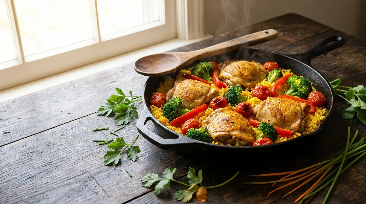 Colorful one-dish meal spread with chicken, rice, and vegetables in a cast-iron skillet on a wooden table