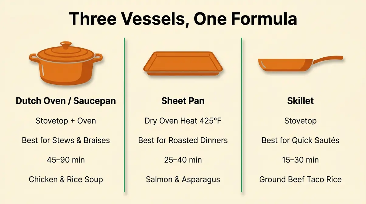 Infographic comparing Dutch oven, sheet pan, and skillet for one-dish meal cooking with heat methods and example recipes