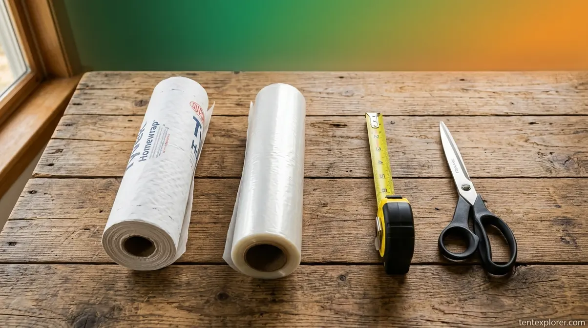 DIY tent footprint materials including Tyvek housewrap, Polycro film, and scissors on a table