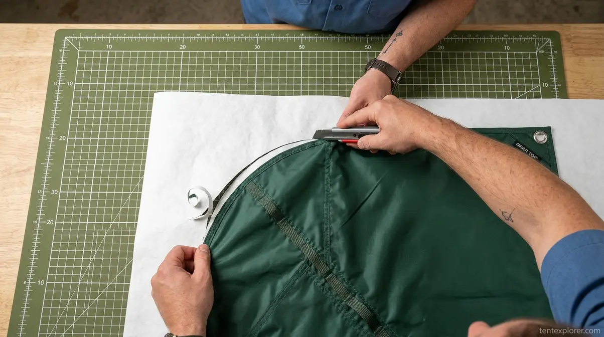 Person cutting a Tyvek sheet to make a custom DIY tent footprint