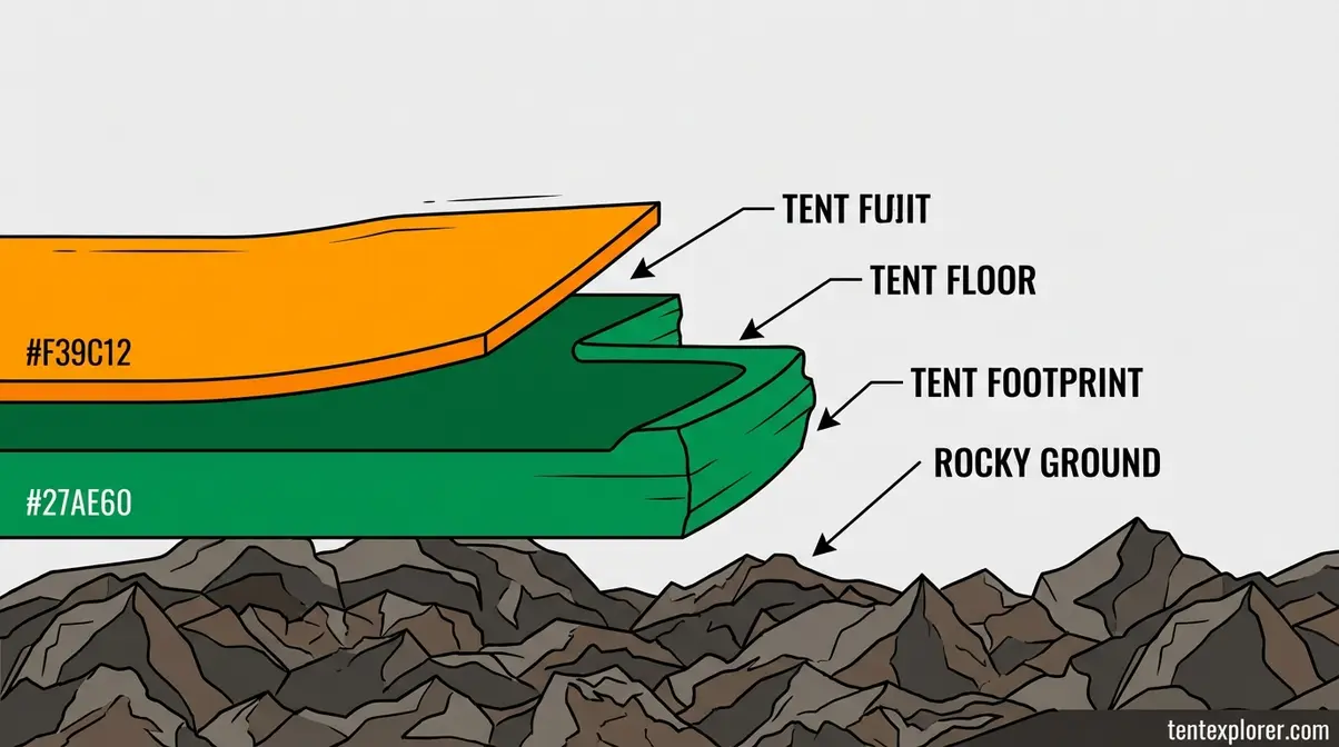 diagram showing tent footprint placement between tent floor and rocky ground with labels for sacrificial layer, moisture barrier, and abrasion zone