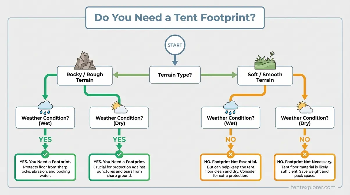 flowchart checklist showing terrain type and footprint necessity decision with yes/no branches for rocky ground, wet conditions, and soft surfaces