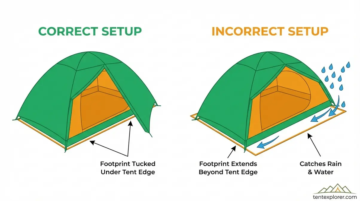 diagram comparing correct tent footprint sizing 1-2 inches smaller than tent floor versus oversized footprint causing water pooling