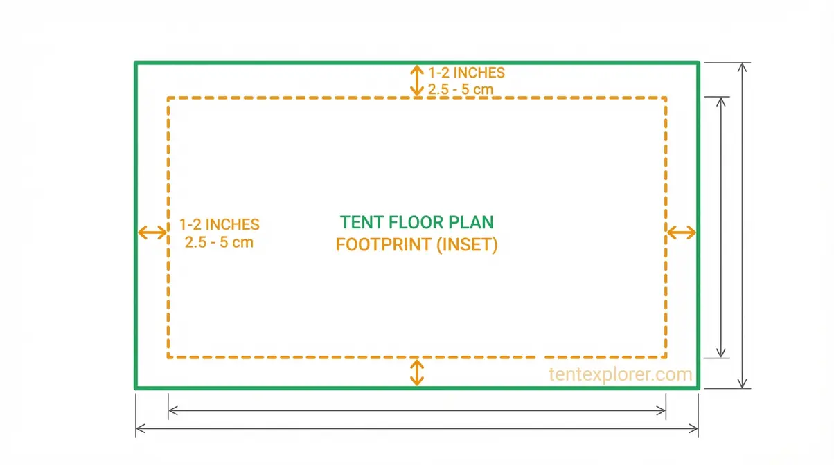 top-down diagram of tent footprint correctly sized 1-2 inches smaller than tent floor perimeter with measurement arrows showing correct sizing to prevent water pooling