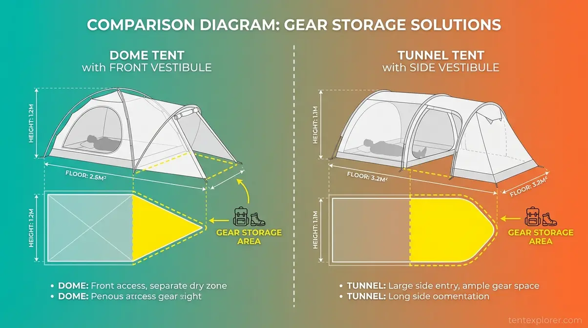 Diagram comparing front vestibule and side vestibule positions on a camping tent, showing gear storage areas