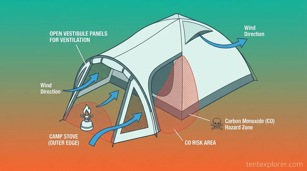 Diagram showing safe airflow ventilation setup for cooking near a tent vestibule with open panels and CO risk zones marked