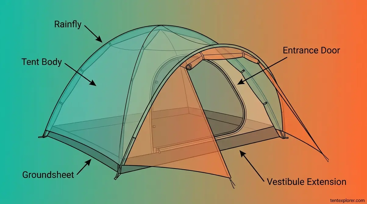 Labeled diagram showing what is a tent vestibule, rainfly, tent body, groundsheet, and entrance door