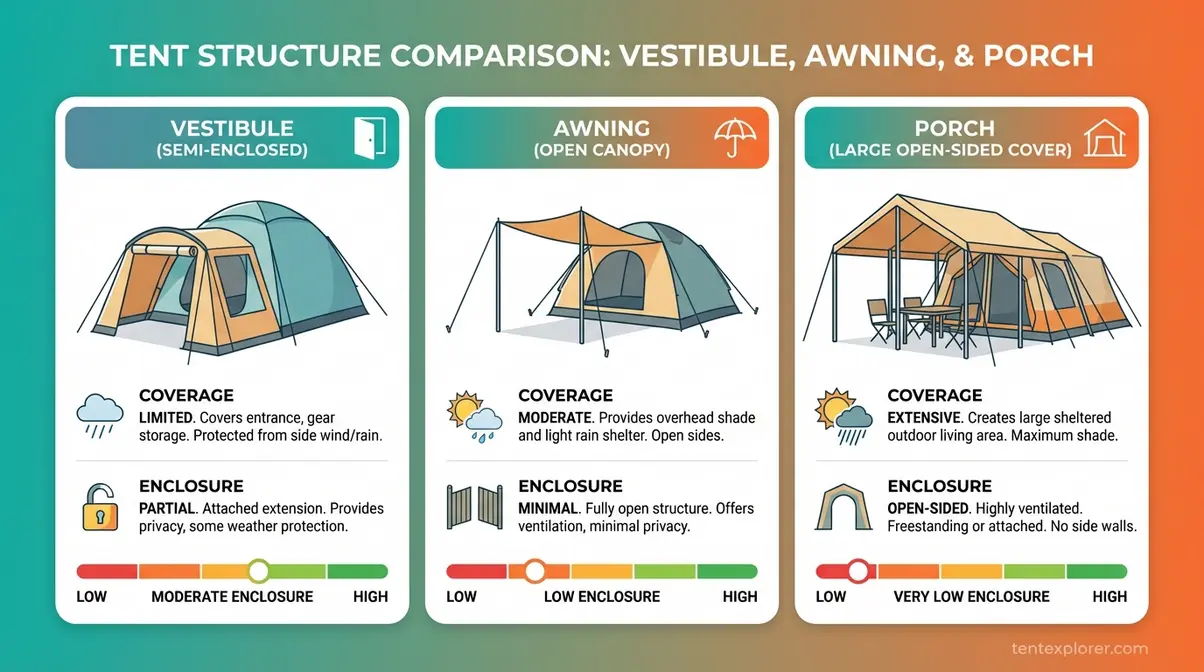 Infographic comparing tent vestibule, awning, and porch structures showing coverage and enclosure differences