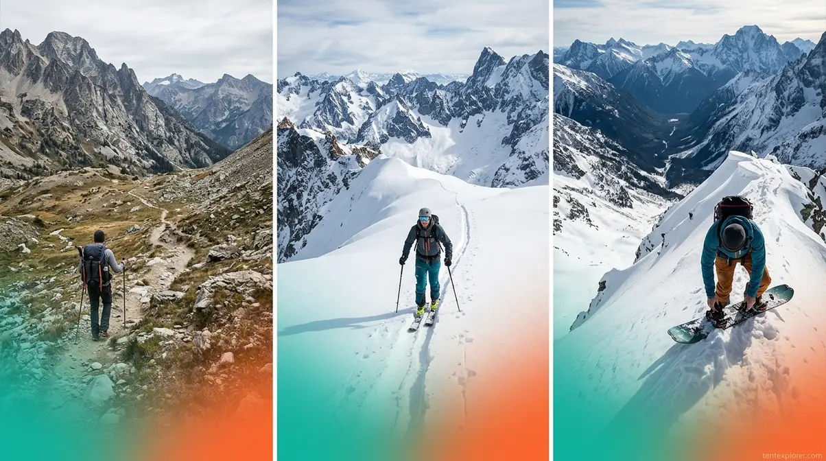 Three backcountry activities side by side: wilderness hiking, backcountry skiing, and splitboard snowboarding