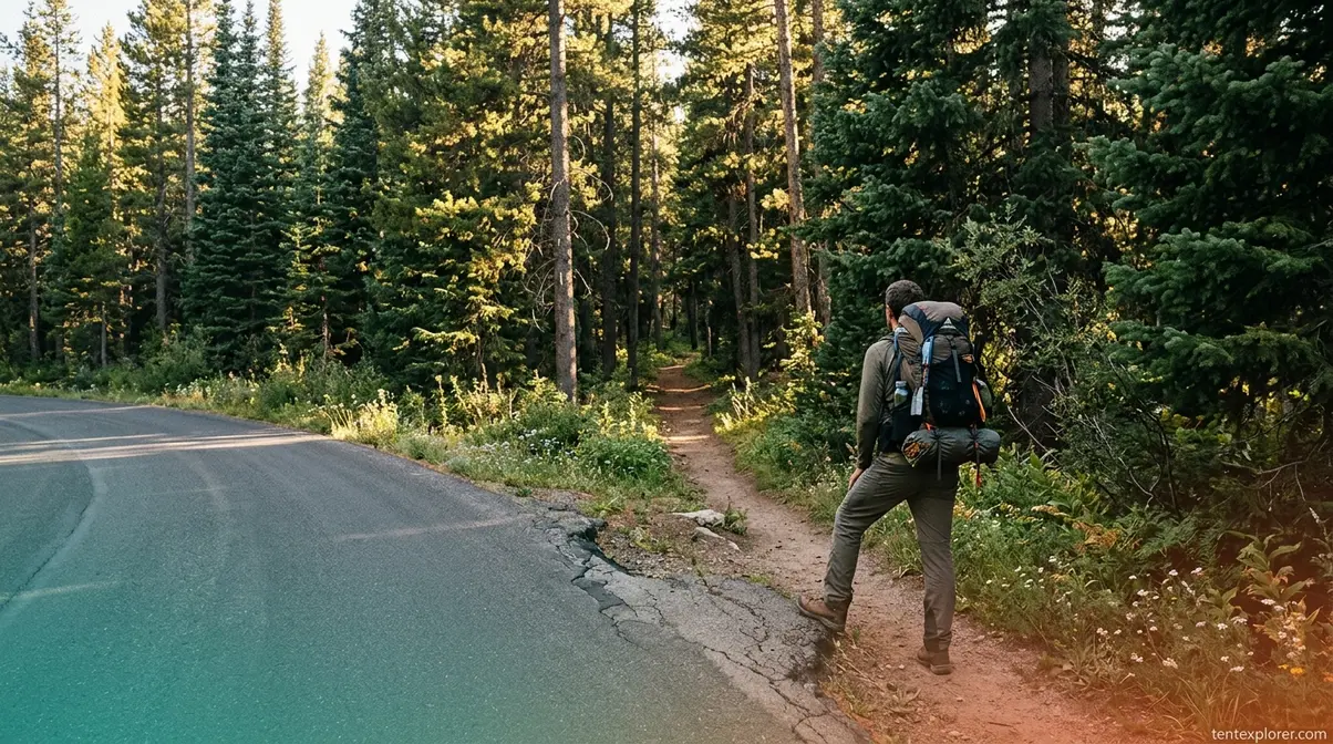 Backpacker standing where road ends and backcountry wilderness trail begins