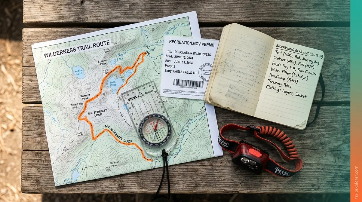 Backcountry trip planning essentials including permit, topographic map, compass, and gear list