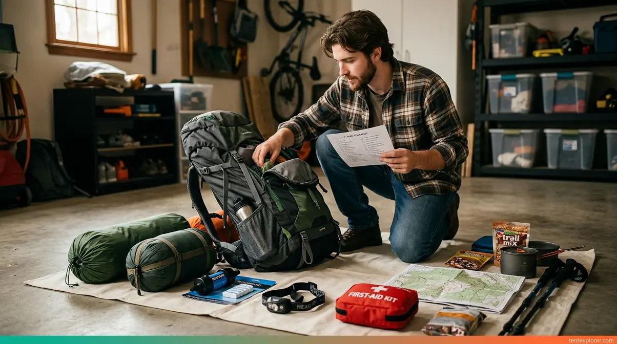 Beginner packing backcountry camping gear with checklist before first wilderness trip