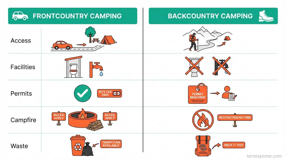 Infographic comparing frontcountry and backcountry camping key differences for beginners
