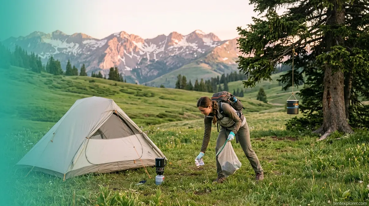 Backcountry camper practicing Leave No Trace ethics by cleaning up campsite in alpine meadow