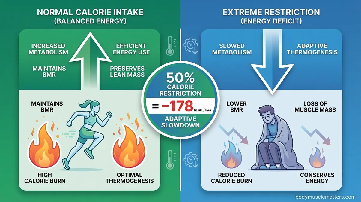 Split illustration showing how extreme calorie restriction triggers adaptive thermogenesis and measurable basal metabolic rate slowdown