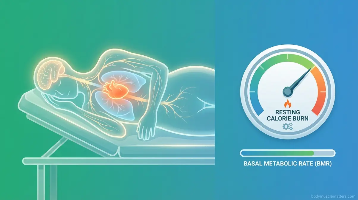 Medical illustration showing what basal metabolic rate is with a resting human body and glowing internal organs burning calories