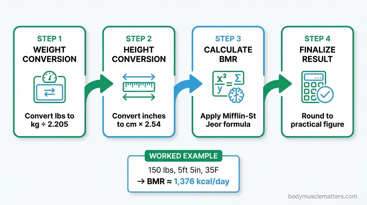 Step by step process diagram showing how to calculate basal metabolic rate using the Mifflin-St Jeor formula with a worked example