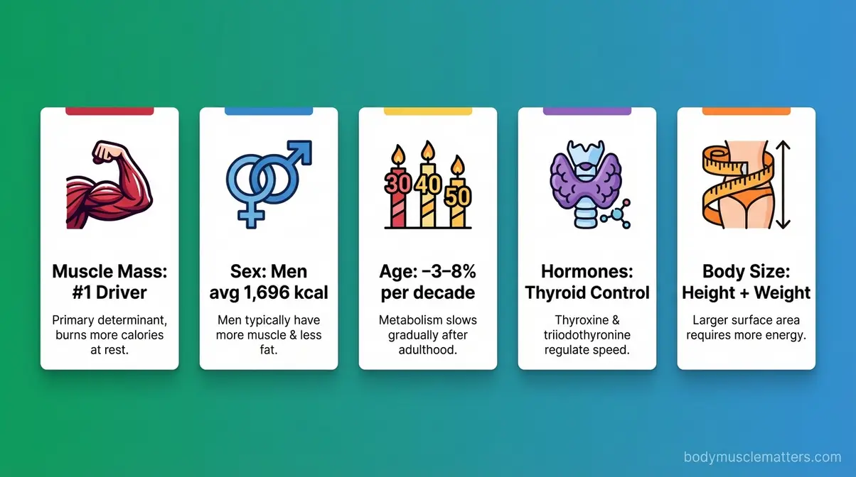 Infographic showing five factors that control basal metabolic rate including muscle mass age sex hormones and body size
