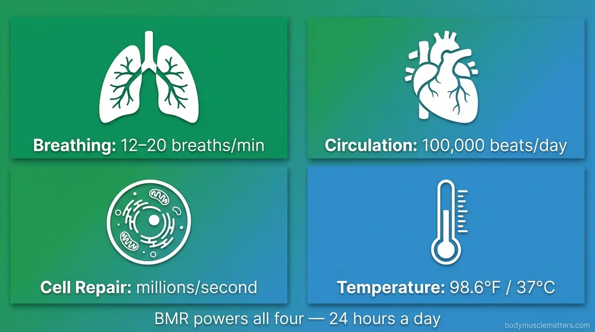 Infographic showing four essential functions powered by basal metabolic rate at rest including breathing circulation cell repair and temperature