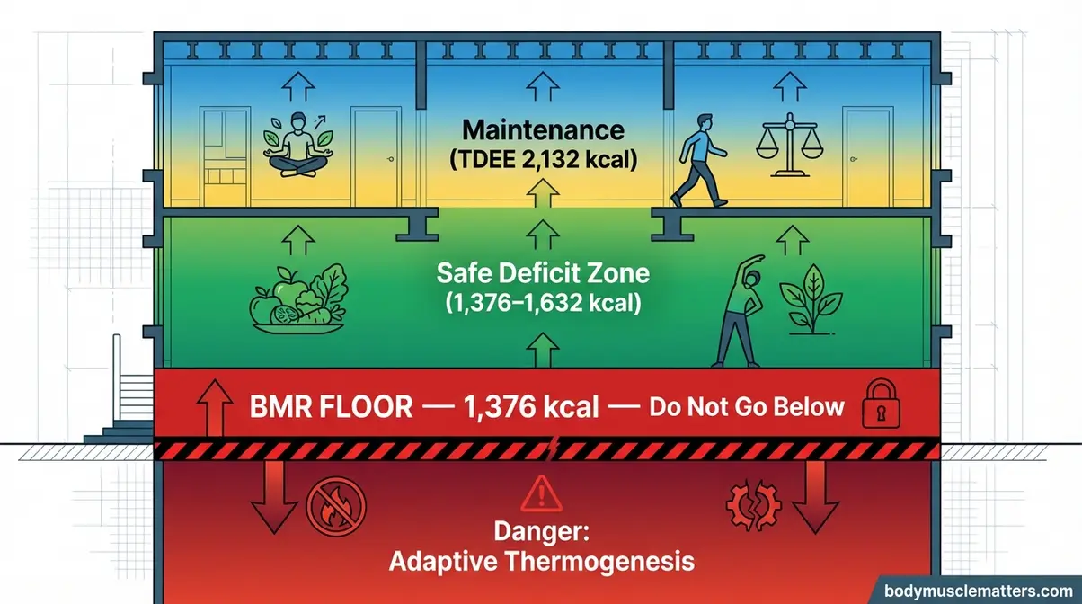 Diagram illustrating the BMR floor rule showing the safe calorie zone above the basal metabolic rate and the danger zone below it