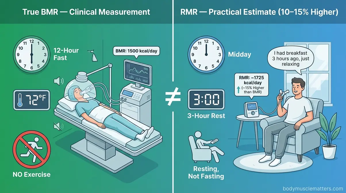 Side by side comparison of basal metabolic rate clinical measurement conditions versus resting metabolic rate practical measurement conditions