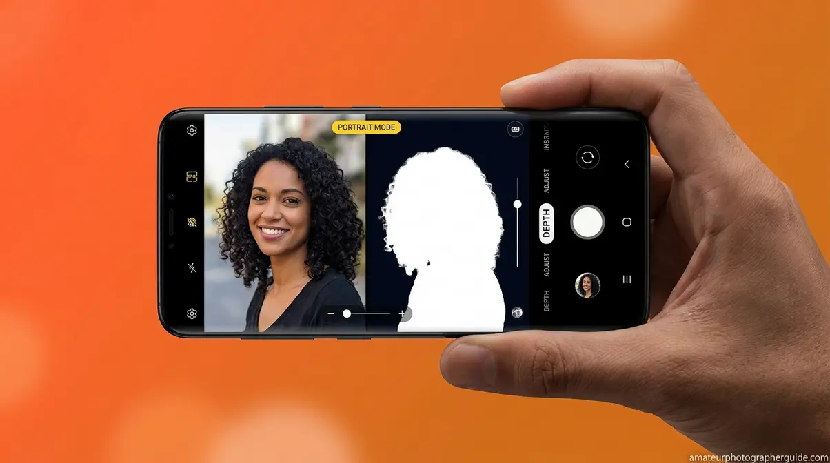Smartphone displaying portrait mode with computational depth map bokeh effect