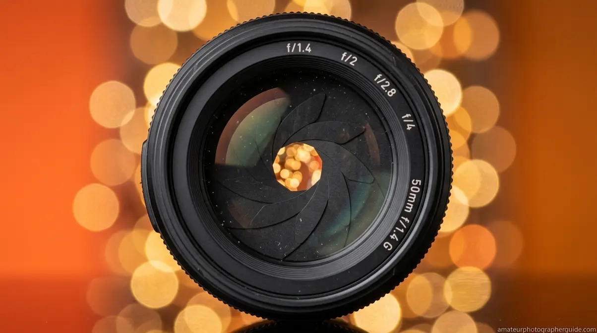 Camera lens with wide open aperture creating background bokeh effect