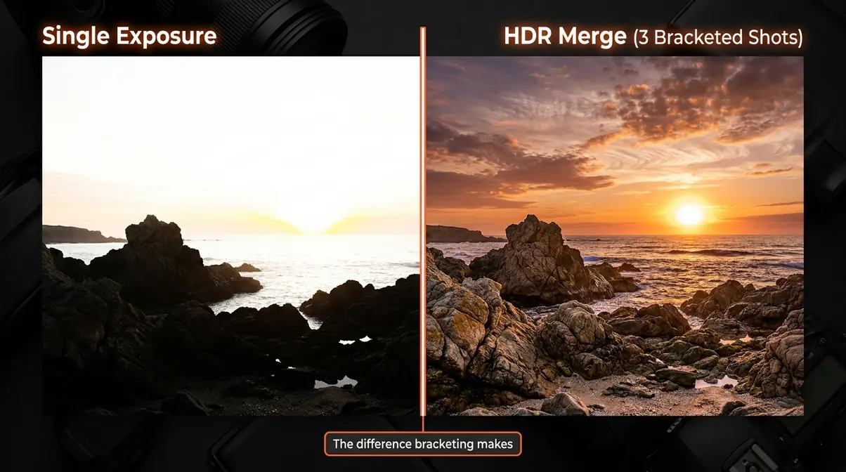Single exposure versus HDR merge from bracketing photography showing improved dynamic range