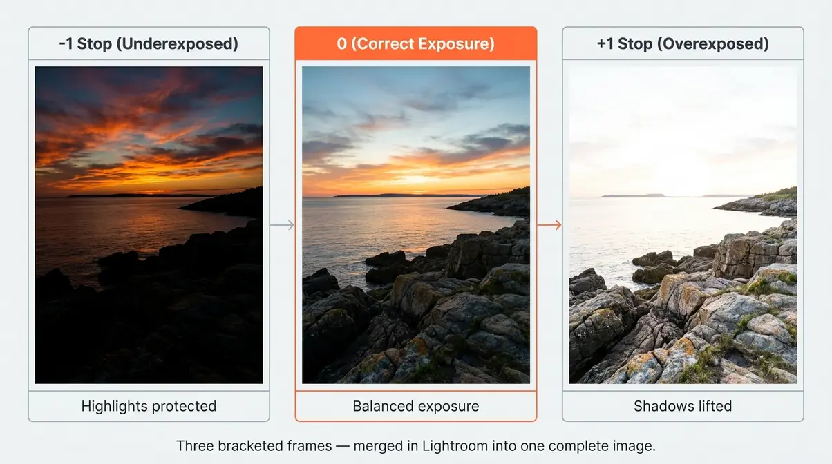 Bracketing photography three-frame comparison showing underexposed correct and overexposed shots
