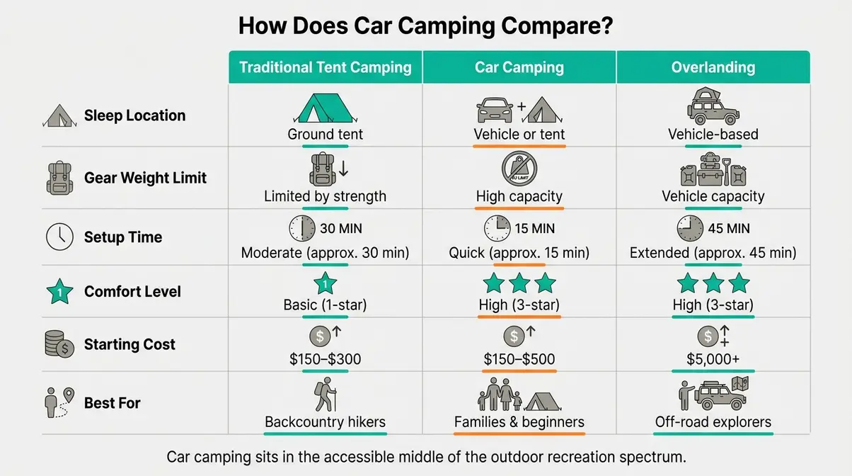 Comparison infographic of car camping versus tent camping versus overlanding across gear cost and comfort factors