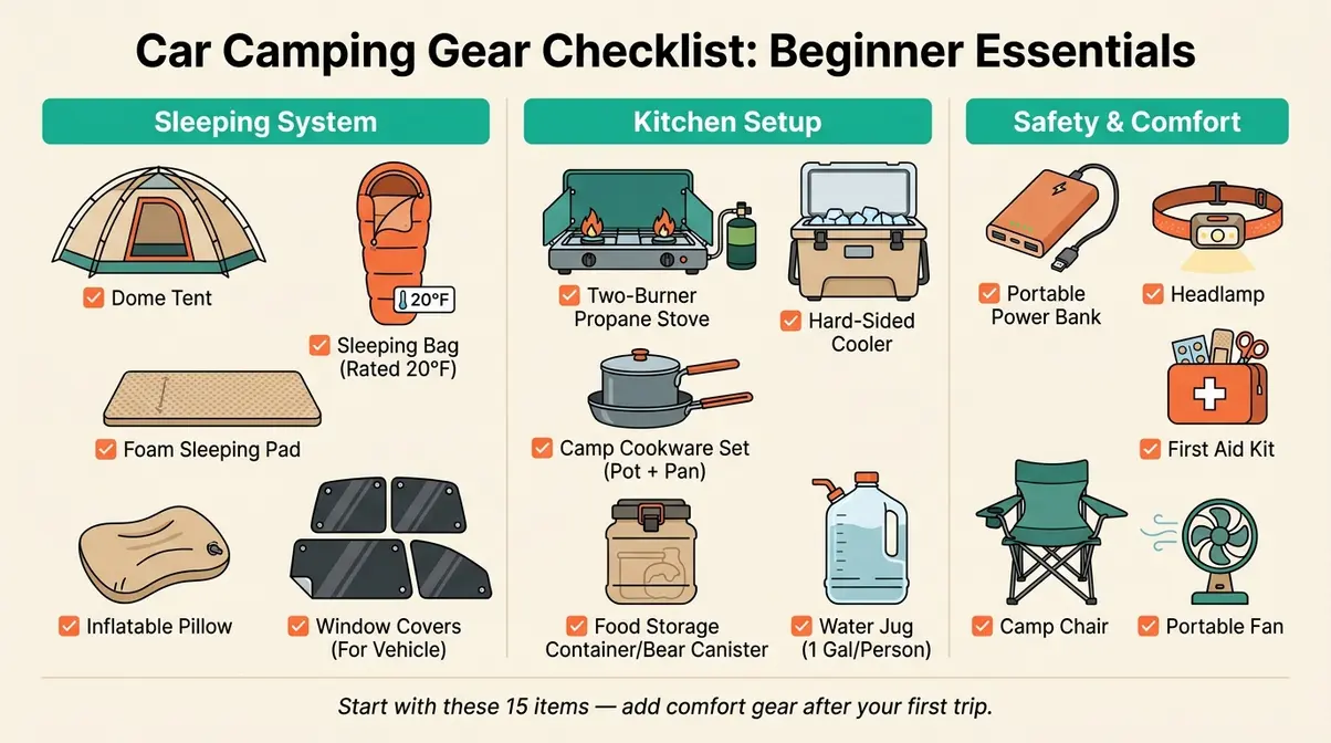 Illustrated beginner car camping gear checklist showing sleeping system kitchen setup and safety essentials