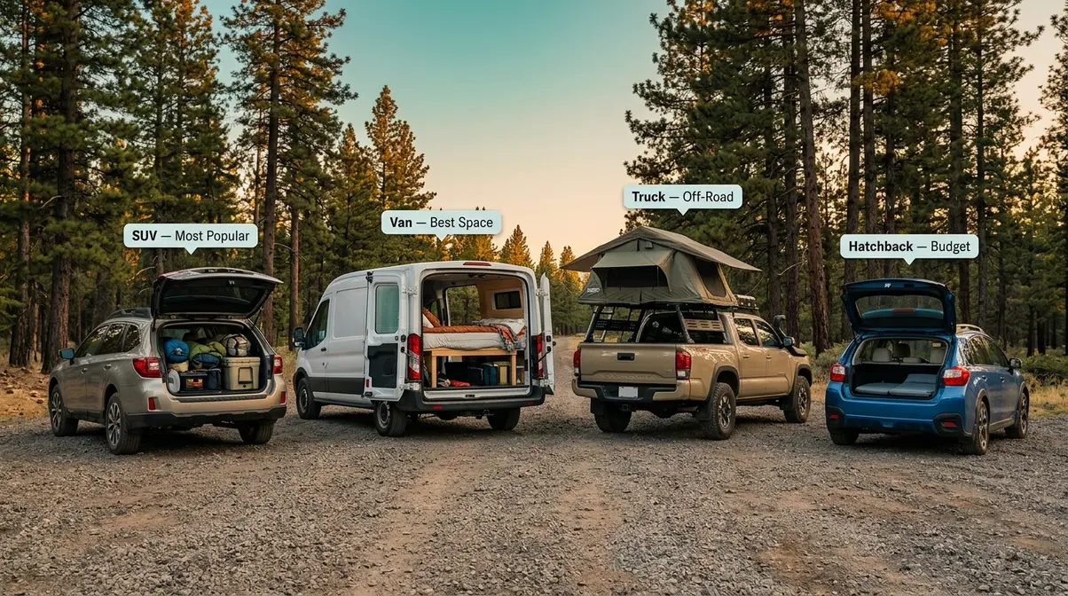 Four car camping vehicles compared side by side — SUV van truck and hatchback on a forest road
