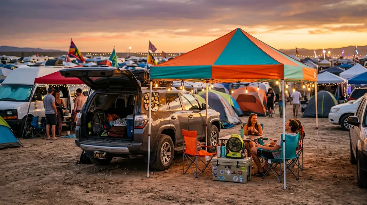 Festival car camping setup at Coachella with SUV tailgate open shade canopy and string lights at dusk