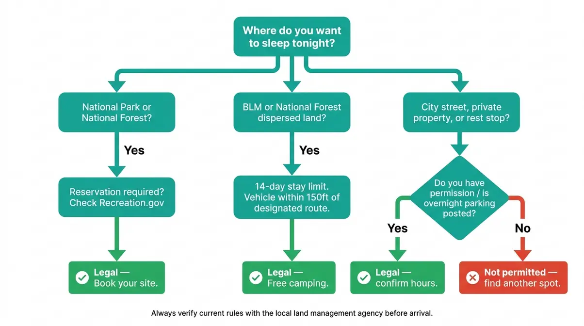 Flowchart showing legal overnight car camping parking decision paths for National Park BLM National Forest and city streets