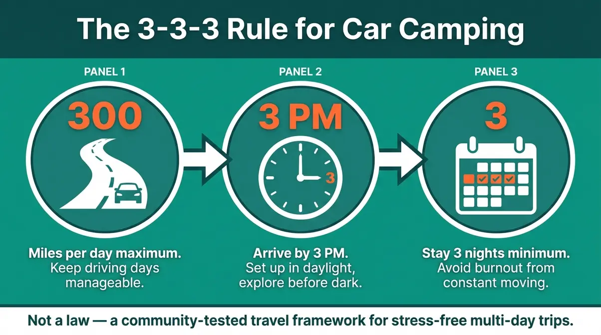 Infographic showing the 3-3-3 rule for car camping with 300 miles 3pm arrival and 3 nights stay icons