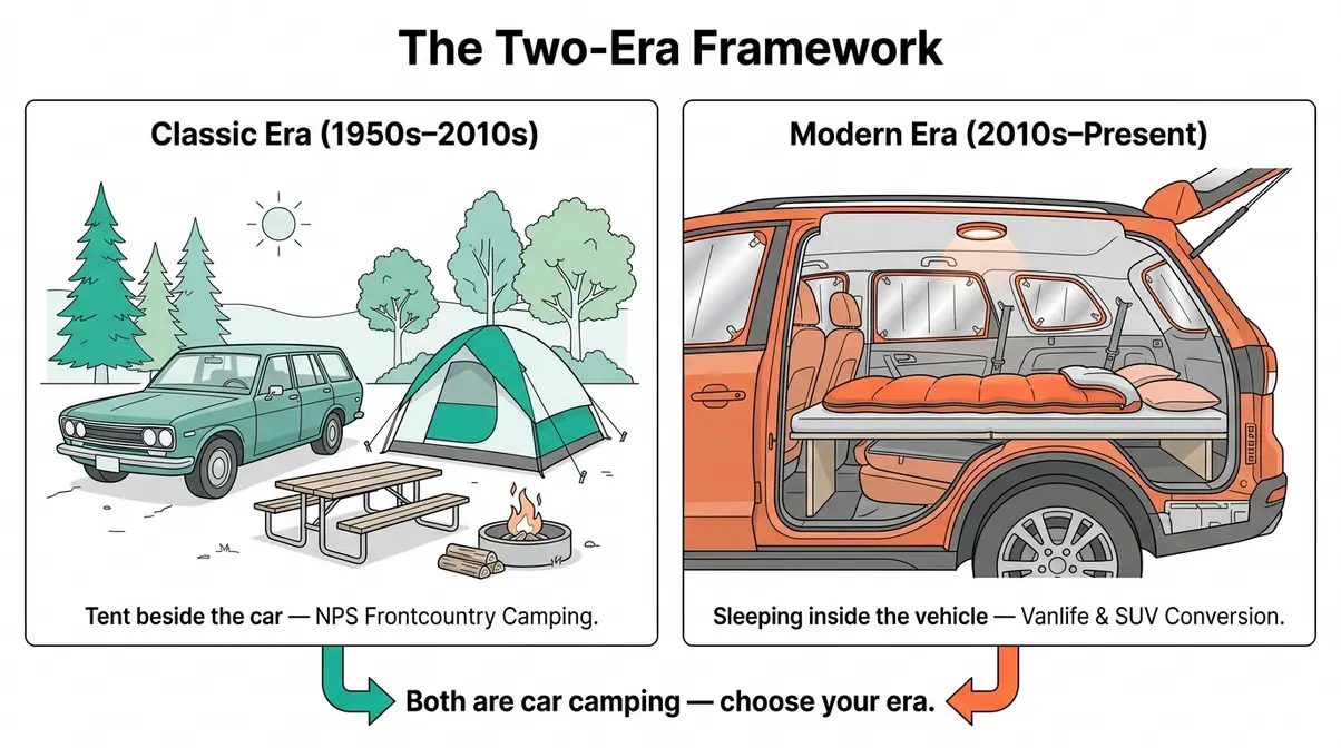 Diagram comparing Classic Era tent-beside-car camping versus Modern Era SUV sleep platform interior setup