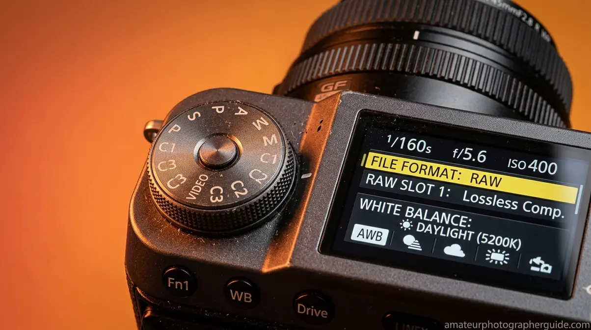 Macro view of digital camera LCD screen showing RAW format and white balance settings