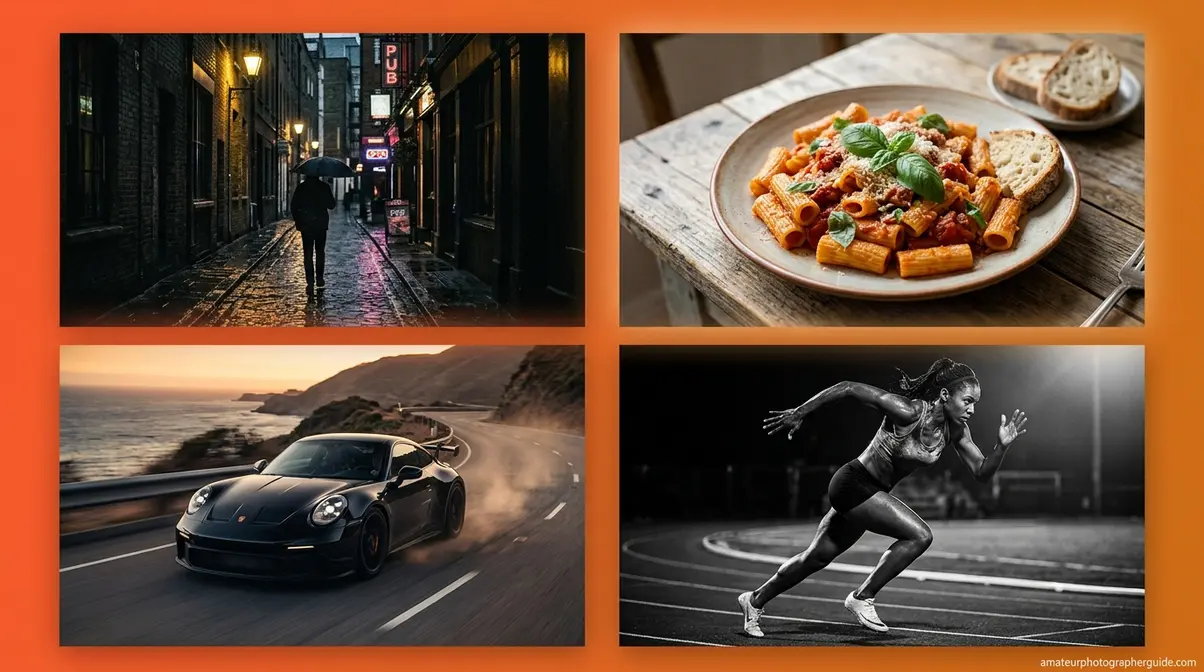 Collage of different photography genres demonstrating unique color grading styles and moods