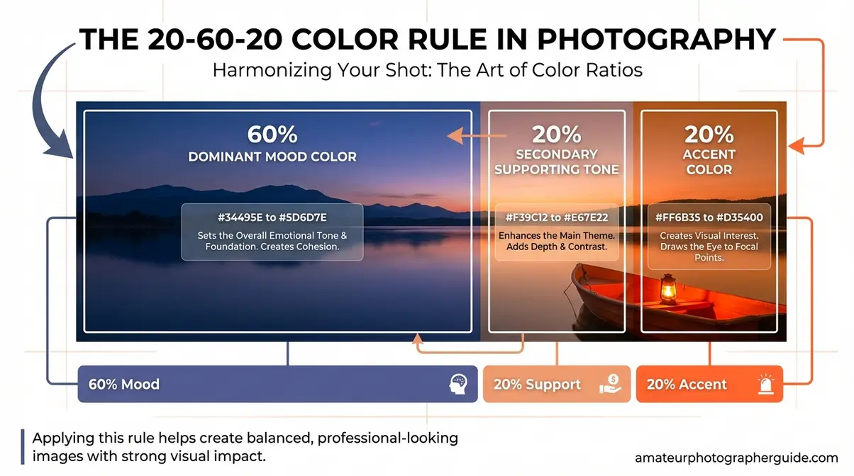 20-60-20 color rule diagram showing dominant secondary and accent color distribution for photography color grading