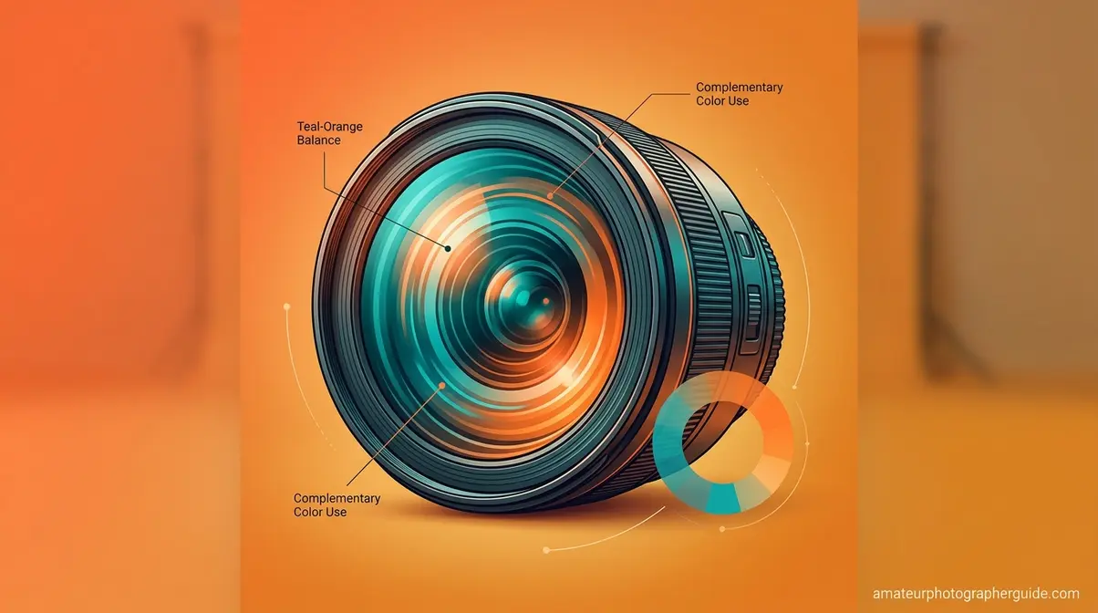 Camera lens reflecting vibrant complementary colors representing photography color theory foundation