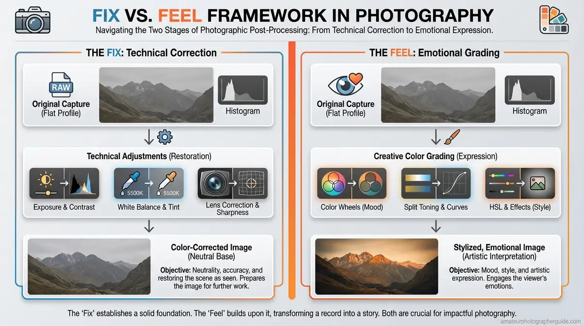 Color grading photography infographic showing The Fix correction vs The Feel grading two-stage workflow