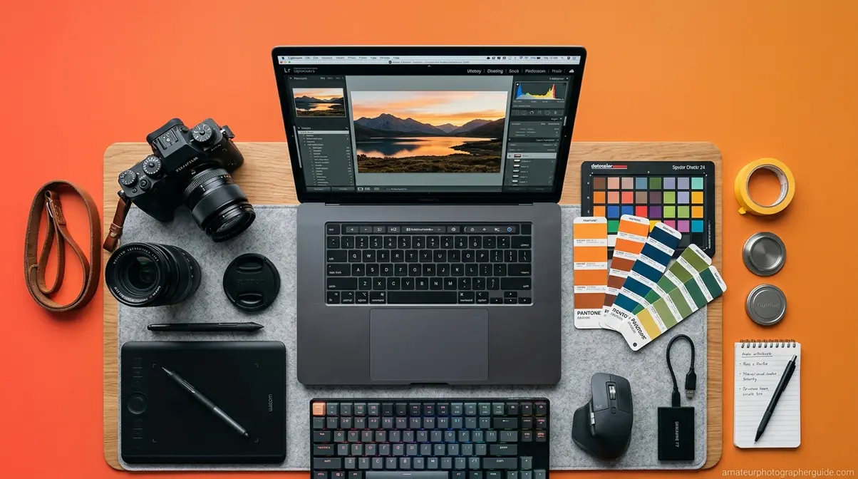 Photographer workspace showing computer monitor with Lightroom color grading workflow interface